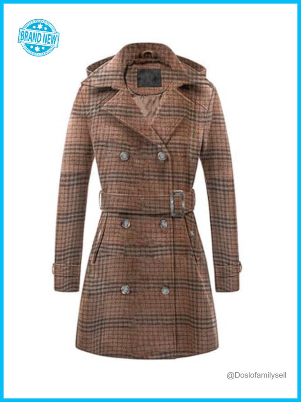 Women's Wool Blend Trench Coat Hooded Plaid Double Breasted Peacoat